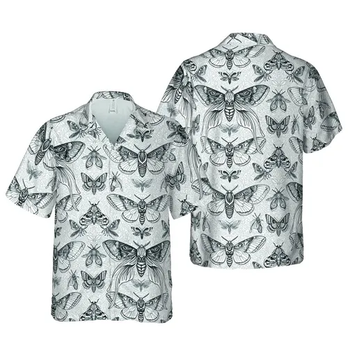Tropical Luna Sphinx Moths Seamless Botanical Wing Venation High Contrast White Black Grey Motif Short-sleeve Hawaiian Shirt