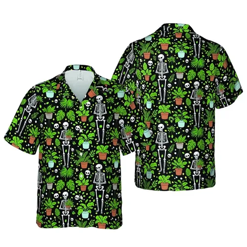 Skeletons Potted Plant Tile: Black White Green Terracotta Hawaiian Botanical Pattern Short-sleeve Hawaiian Shirt