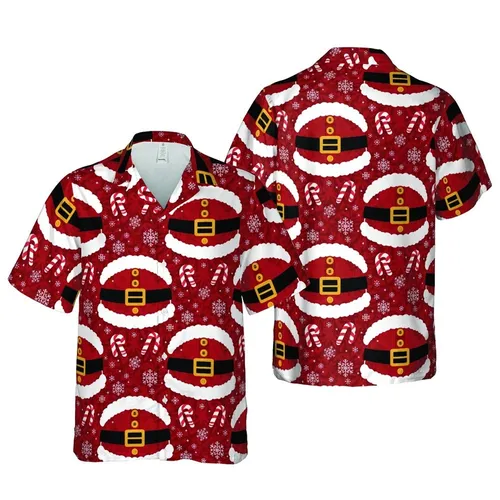 Santa Claus Suit Hawaiian Pattern Crimson Faux Fur Gold Buckle Candy Cane Snowflakes Short-sleeve Hawaiian Shirt