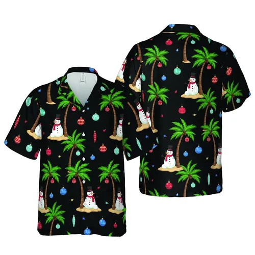 Hawaiian Green Palm Tree Snowman Red Blue Christmas Ornament Black Stippled Pattern Short-sleeve Hawaiian Shirt