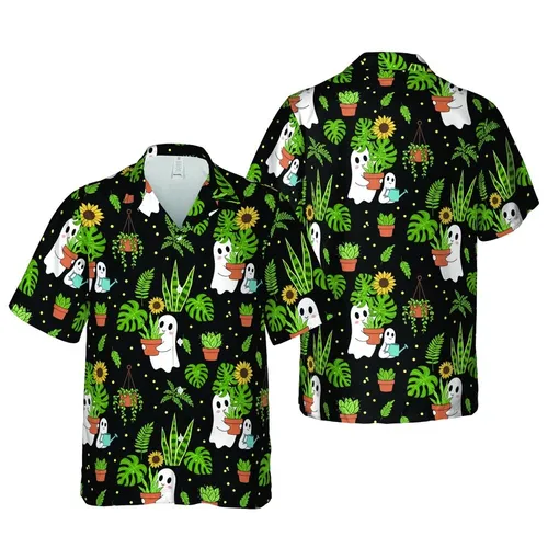 Plant Lover White Ghosts Potted Monstera Fern Cactus Watering Cans Short-sleeve Hawaiian Shirt