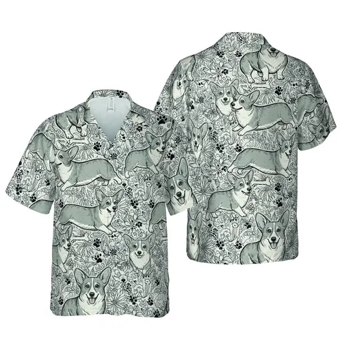 Pembroke Corgi Dog Paw Print Bone Sketch Seamless Pattern Sublimation Print Short-sleeve Hawaiian Shirt