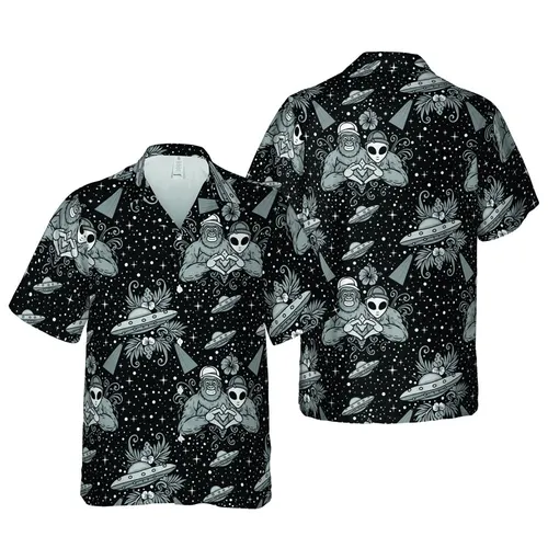 Seamless Edge-to-Edge Bigfoot Alien Hand Heart Monochromatic Cosmic UFO Star Pattern Short-sleeve Hawaiian Shirt