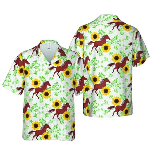 Equestrian Galloping Reddish-Brown Horses, Yellow Sunflowers, Green Foliage, White Pattern Short-sleeve Hawaiian Shirt