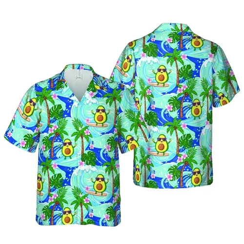 Anthropomorphic Avocado Surfers Pattern: Pink Sunglasses, Plumeria, Ocean Waves Fabric Print Short-sleeve Hawaiian Shirt