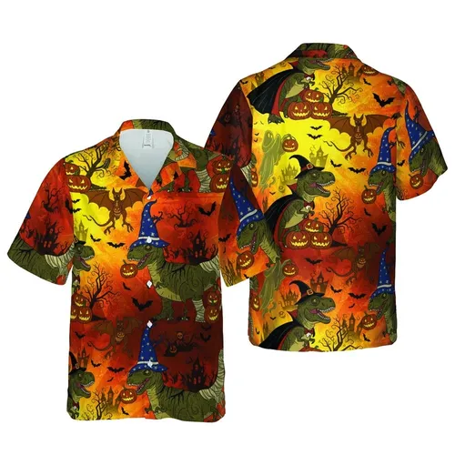 Dinosaur Halloween Hawaiian Design with Costumed T-Rex & Jack-o'-Lanterns Sky Motif Short-sleeve Hawaiian Shirt