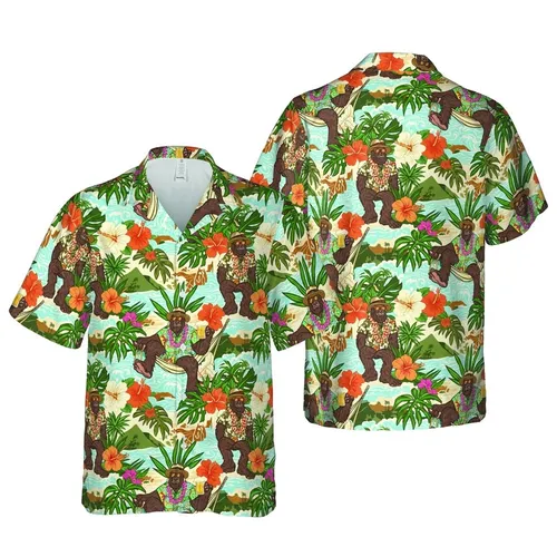 Bigfoot Hawaiian Pattern: Relaxed Sasquatch Beer Lei Tropical Island Fabric Design Short-sleeve Hawaiian Shirt