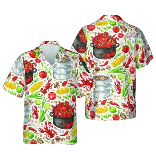 Hawaiian Watercolor Crawfish Boil: Red Crawfish, Corn, Chili, Lime Pattern Short-sleeve Hawaiian Shirt