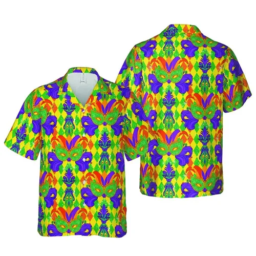 Purple Green Orange Pink Fleur-de-lis Masquerade Mask Jester Hat Harlequin Glitter Pattern Short-sleeve Hawaiian Shirt