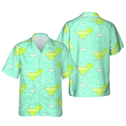 Hawaiian Margarita Cocktails: Frothy Green Drinks, Lime Slices, Glistening Ice, Blue Water Short-sleeve Hawaiian Shirt