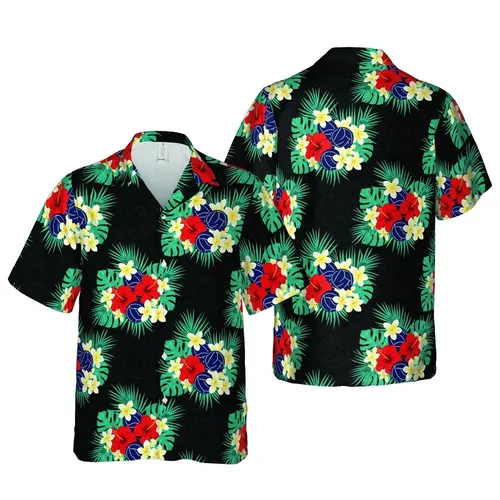 Hawaiian Tropical Volleyball: Red Yellow White Flowers, Monstera, Palm Frond Pattern Short-sleeve Hawaiian Shirt