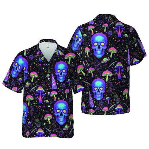 Stylized Gradient Skulls Glowing Stars Psychedelic Mushroom Unicorn Saucer Neon Intricate Pattern Short-sleeve Hawaiian Shirt