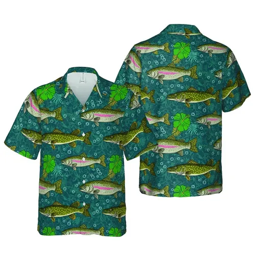 Angler's Pike Bass Perch Trout Fish Deep Teal Hawaiian Water Current Bubbles Pattern Short-sleeve Hawaiian Shirt
