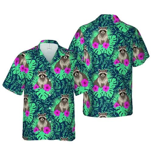 Raccoon Repeating Masked Tropical Monstera Palm Hibiscus Botanical Seamless Pattern Short-sleeve Hawaiian Shirt
