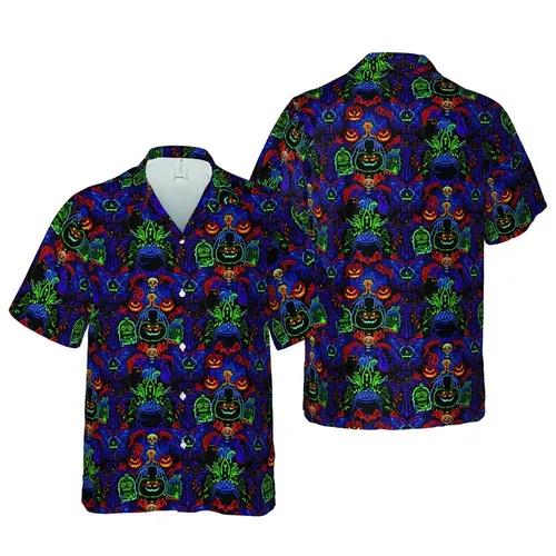 Halloween Hawaiian: Neon Skeletons, Reapers, Cats, Jack-O'-Lanterns, Bats Short-sleeve Hawaiian Shirt