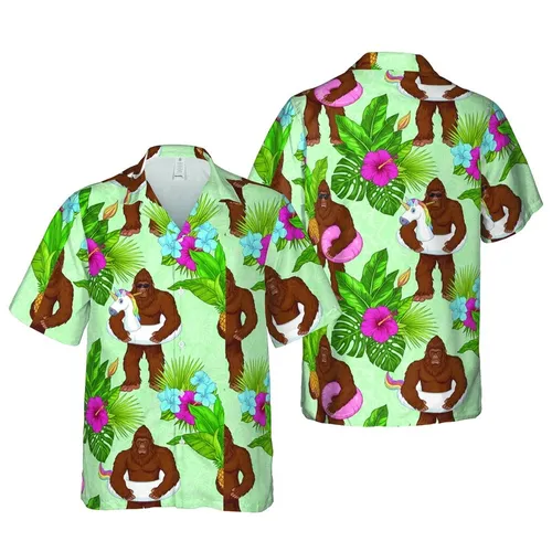 Bigfoot Hawaiian Characters: Pineapple, Flamingo, Unicorn Floats & Lush Botanical Design Short-sleeve Hawaiian Shirt
