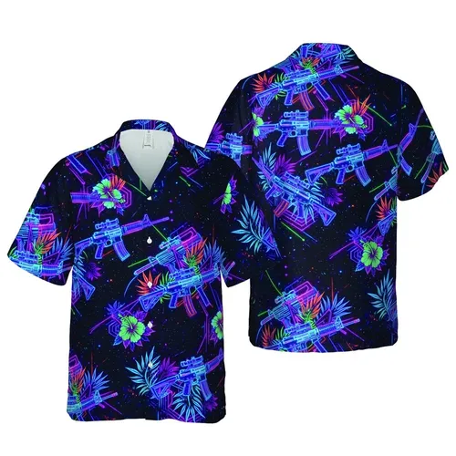 High Contrast Cyber-Tech Tropical Pattern: Neon Cybernetic Elements, Starry Grid, Edge-to-Edge Short-sleeve Hawaiian Shirt