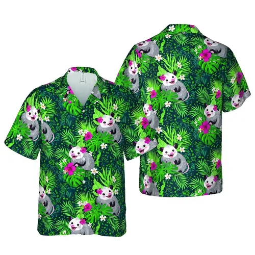 Repeating Opossums Multi-Pose North American Hibiscus Tropical Jungle Botanical Edge-to-Edge Short-sleeve Hawaiian Shirt
