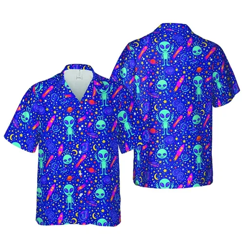 Royal Blue Teal Alien Peace Sign Rocket Launch Planetary Sublimation Art Short-sleeve Hawaiian Shirt