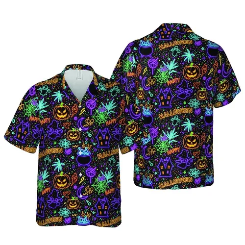 Hawaiian Neon Halloween Pattern: Jack-O-Lantern Skull Ghost Witch Textile Print Short-sleeve Hawaiian Shirt