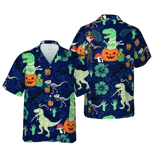 Halloween Dinosaurs Tropical Mosaic: T-Rex Pirate Mummy Skeletons Fabric Print Short-sleeve Hawaiian Shirt