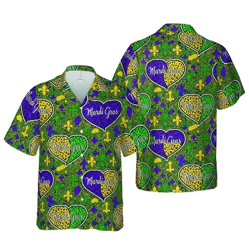 Mardi Gras Hearts Pattern: Emerald Leopard Fleur-de-Lis Cross Diamond Tropical Mosaic Short-sleeve Hawaiian Shirt