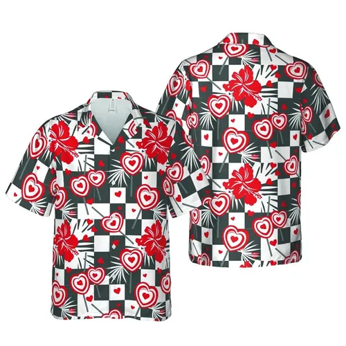 Hawaiian Red White Heart Lollipop Dark Gray Checkerboard Squares Motif Short-sleeve Hawaiian Shirt