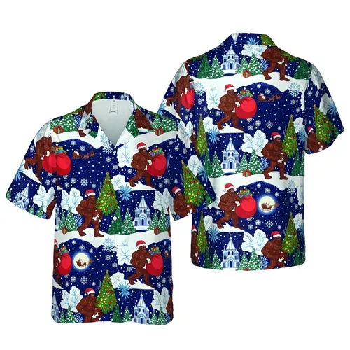 Bigfoot Santa Hawaiian Winter Night Pattern, Snowy Russian Cathedral, Decorated Trees, Gifts Short-sleeve Hawaiian Shirt