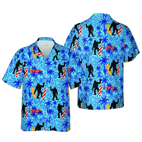 Bigfoot Surfing: Hawaiian Azure Blue Palm Black Sasquatch Surfboard Sublimation Design Short-sleeve Hawaiian Shirt