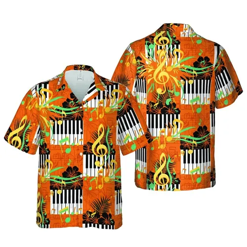 Music Lover Hawaiian Pattern: Orange Teal Notes, Treble Clefs, Piano Keyboard Design Short-sleeve Hawaiian Shirt