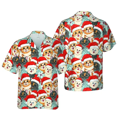 Cat Lover Christmas: Tropical Santa Hat Kitten Diverse Faces Dense Design Short-sleeve Hawaiian Shirt