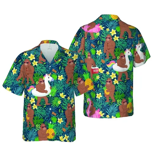 Bigfoot Hawaiian Summer Party: Flamingo Float, Pineapple, Tropical Palm Pattern Short-sleeve Hawaiian Shirt