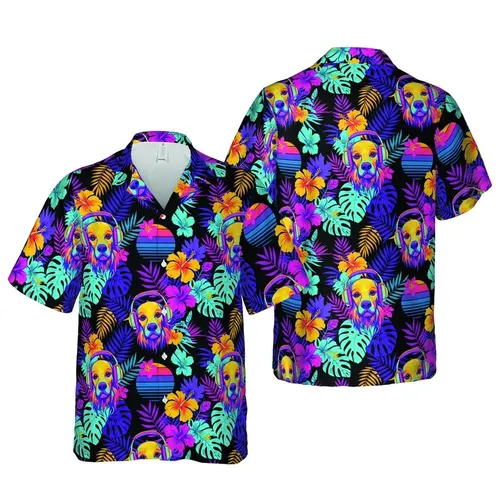 Golden Retriever Dog Heads Pattern: Neon Pop Art Tropical Synthwave Floral Black Background Short-sleeve Hawaiian Shirt
