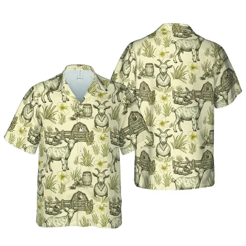 Hawaiian Goat Kids Farm Scene Etching - Parchment Cream Sepia Tones Short-sleeve Hawaiian Shirt