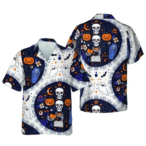 Skulls Ghosts Jack-O-Lanterns Ravens Haunted Houses Luna Moths Design Navy White Orange Short-sleeve Hawaiian Shirt