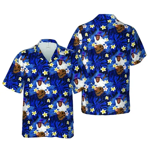 Bigfoot Ghost Witch Mummy Dinosaur Skull Hawaiian Hibiscus Plumeria Foliage Short-sleeve Hawaiian Shirt
