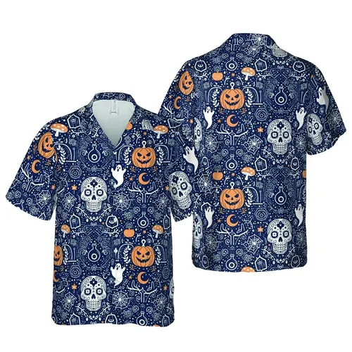 Seamless Hawaiian Halloween Skulls Jack-o'-lanterns Ghosts Spiders Bats Fabric Sublimation Design Short-sleeve Hawaiian Shirt