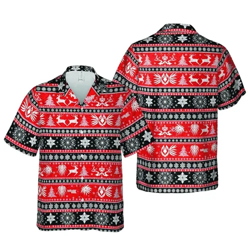 Hawaiian Reindeer Christmas Pattern: Intricate Red White Snowflake Starburst Design Short-sleeve Hawaiian Shirt