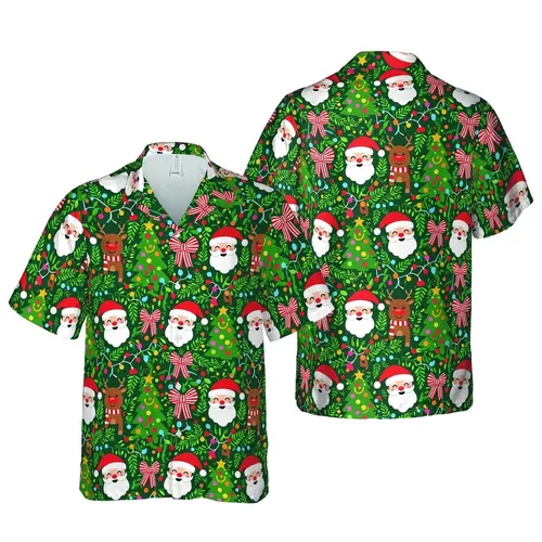 Emerald Green Christmas Hawaiian Pattern: Santa, Rudolph, Tree, Bows, Lights Short-sleeve Hawaiian Shirt