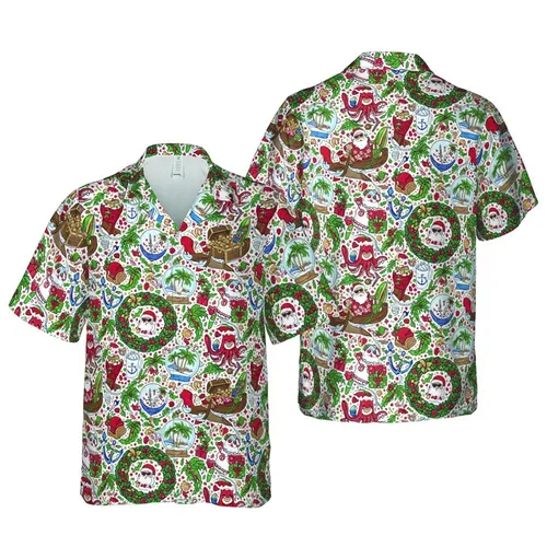 Santa Ocean Christmas: Dolphins Sea Turtles Snowmen Anchors Wreaths Gift Boxes Holly Berries Short-sleeve Hawaiian Shirt