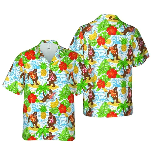 Bigfoot Surfing & Lounging Hawaiian Design: Palm Tree, Hibiscus, Pineapple Print Short-sleeve Hawaiian Shirt