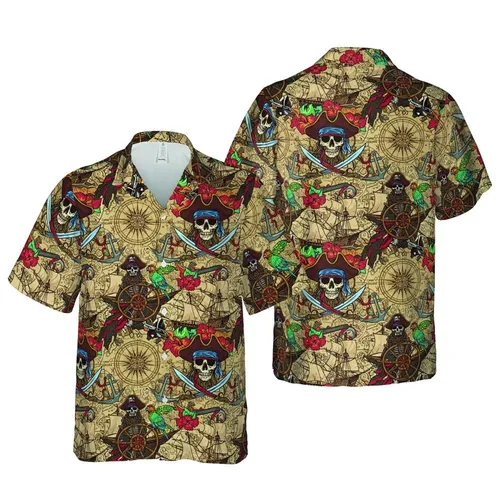 Swashbuckler Skeletal Pirate Tricorn Hat Galleon Treasure Map Crossbones Design Short-sleeve Hawaiian Shirt