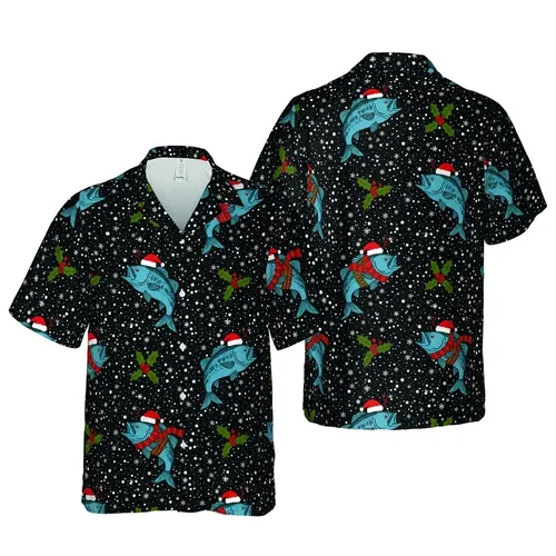 Bass Fish Christmas Hawaiian: Santa Hat Bass, Holly, Snowflake Black Dot Print Short-sleeve Hawaiian Shirt