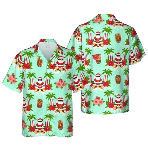 Surfing Santa Reindeer Ukulele Canoe Hawaiian Tiki Mask Hibiscus Ocean Waves Short-sleeve Hawaiian Shirt