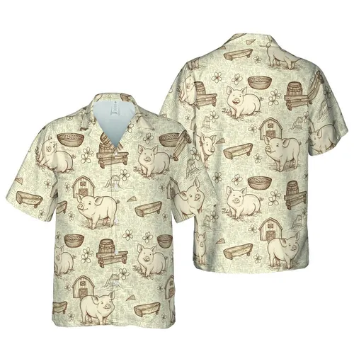 Piglet Farm Hawaiian Vintage Engraving Cross-Hatch Pattern Cream Beige Taupe Fabric Short-sleeve Hawaiian Shirt