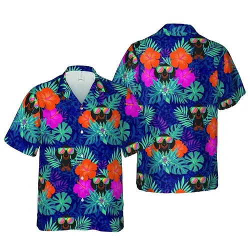 Black Dachshund Sunglasses Hawaiian Print Magenta Hibiscus Tropical Foliage Short-sleeve Hawaiian Shirt