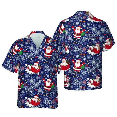 Vintage Santa Reindeer Hawaiian Intricate Snow Village Christmas Pattern Red Navy Short-sleeve Hawaiian Shirt
