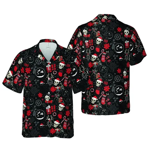 Gothic Christmas Hawaiian Pattern: Black Cat Skull, Red Stockings, Dark Rose, Pentagram Fabric Design Short-sleeve Hawaiian Shirt