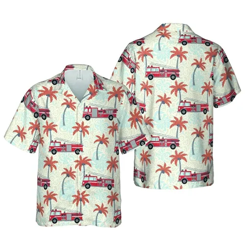 Firefighter Fan Hawaiian Red Fire Truck Ladder, Pumper & Off-Road Engine Palm Tree Swirl Short-sleeve Hawaiian Shirt