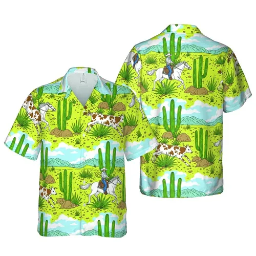 Full Coverage Cowboy Roping Spotted Calf White Horses Saguaro Mesa Landscape Pattern Short-sleeve Hawaiian Shirt